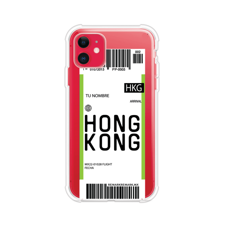 Funda personalizada estilo pase de abordar con diseño de Hong Kong y código HKG, personalizable con nombre y datos de vuelo; producto de Remark MX para iPhone