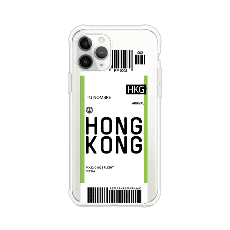 Funda personalizada estilo pase de abordar con diseño de Hong Kong y código HKG, personalizable con nombre y datos de vuelo; producto de Remark MX para iPhone