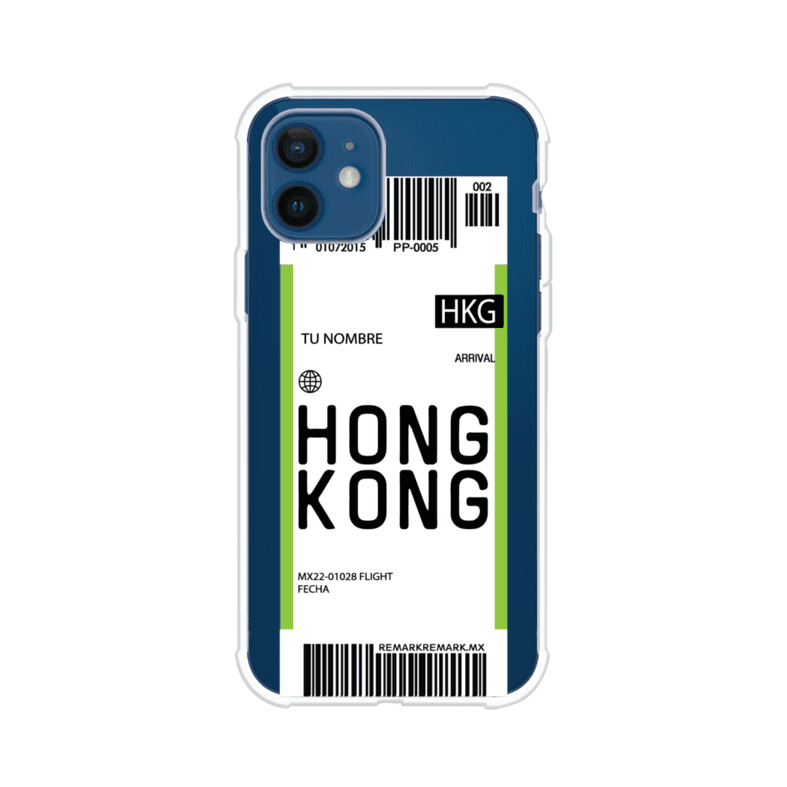 Funda personalizada estilo pase de abordar con diseño de Hong Kong y código HKG, personalizable con nombre y datos de vuelo; producto de Remark MX para iPhone