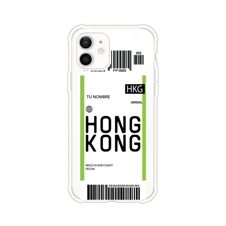 Funda personalizada estilo pase de abordar con diseño de Hong Kong y código HKG, personalizable con nombre y datos de vuelo; producto de Remark MX para iPhone