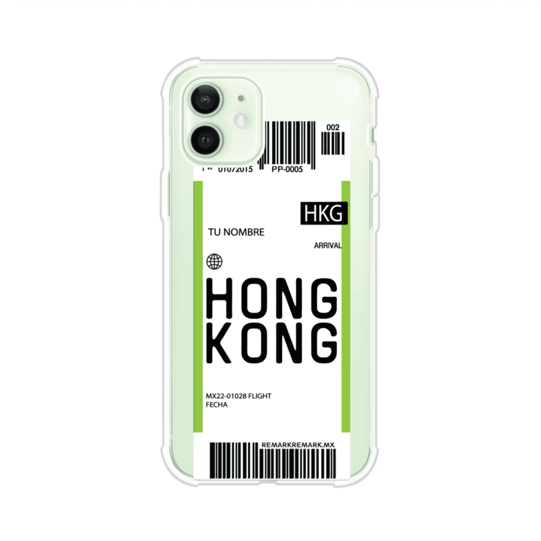 Funda personalizada estilo pase de abordar con diseño de Hong Kong y código HKG, personalizable con nombre y datos de vuelo; producto de Remark MX para iPhone