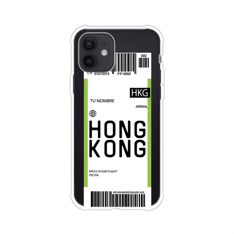 Funda personalizada estilo pase de abordar con diseño de Hong Kong y código HKG, personalizable con nombre y datos de vuelo; producto de Remark MX para iPhone