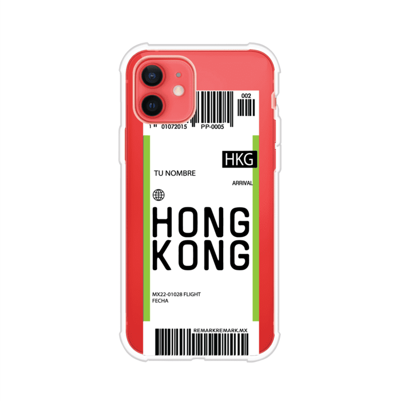 Funda personalizada estilo pase de abordar con diseño de Hong Kong y código HKG, personalizable con nombre y datos de vuelo; producto de Remark MX para iPhone