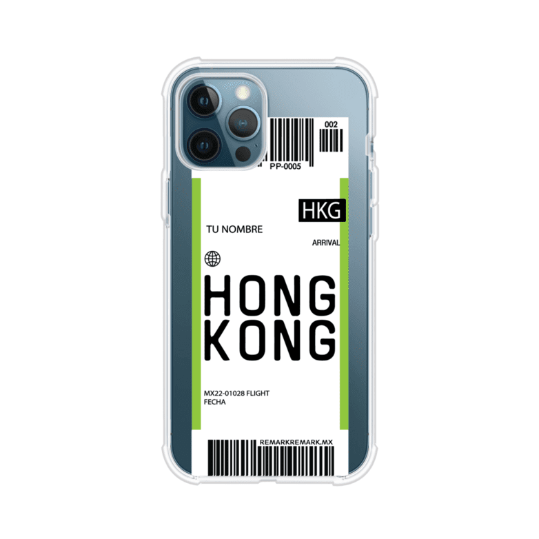 Funda personalizada estilo pase de abordar con diseño de Hong Kong y código HKG, personalizable con nombre y datos de vuelo; producto de Remark MX para iPhone