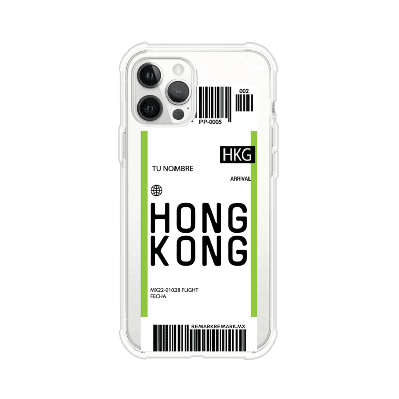 Funda personalizada estilo pase de abordar con diseño de Hong Kong y código HKG, personalizable con nombre y datos de vuelo; producto de Remark MX para iPhone