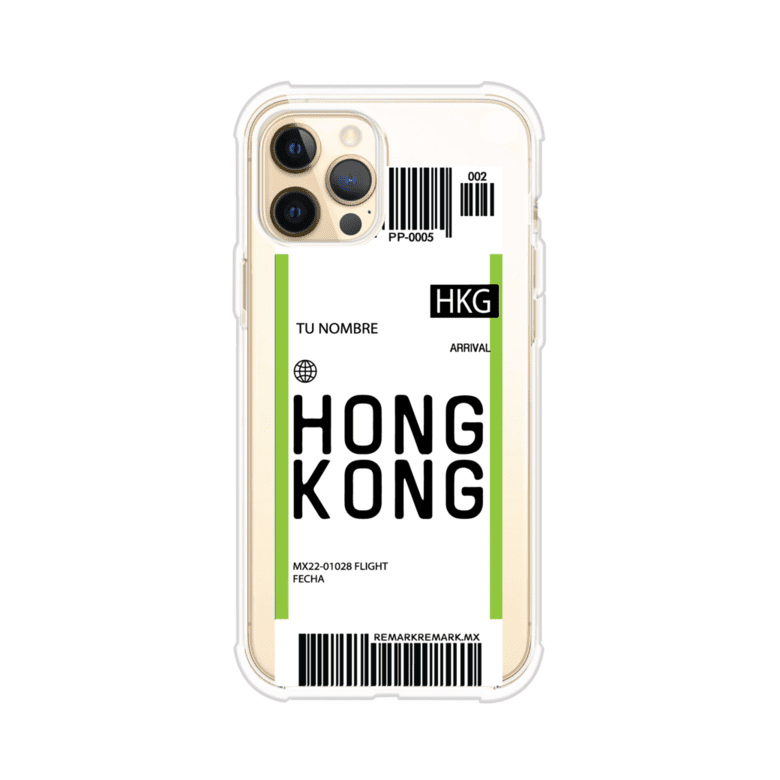 Funda personalizada estilo pase de abordar con diseño de Hong Kong y código HKG, personalizable con nombre y datos de vuelo; producto de Remark MX para iPhone