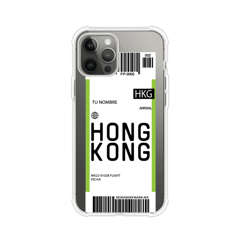Funda personalizada estilo pase de abordar con diseño de Hong Kong y código HKG, personalizable con nombre y datos de vuelo; producto de Remark MX para iPhone