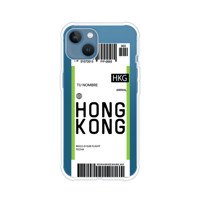 Funda personalizada estilo pase de abordar con diseño de Hong Kong y código HKG, personalizable con nombre y datos de vuelo; producto de Remark MX para iPhone