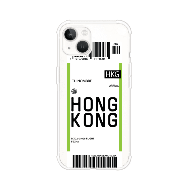 Funda personalizada estilo pase de abordar con diseño de Hong Kong y código HKG, personalizable con nombre y datos de vuelo; producto de Remark MX para iPhone