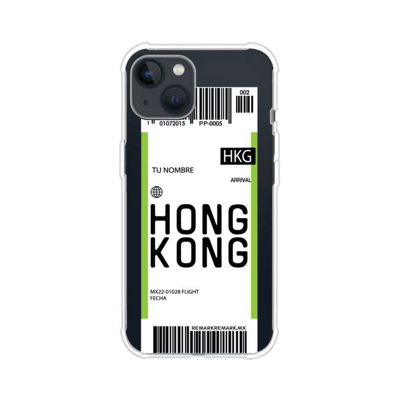 Funda personalizada estilo pase de abordar con diseño de Hong Kong y código HKG, personalizable con nombre y datos de vuelo; producto de Remark MX para iPhone