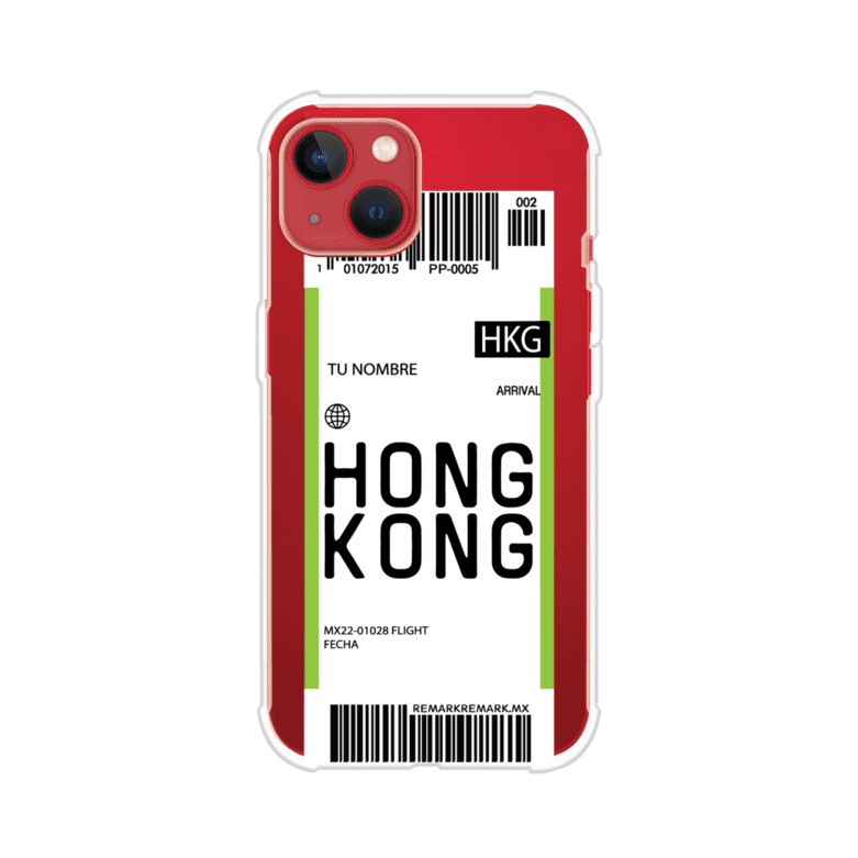 Funda personalizada estilo pase de abordar con diseño de Hong Kong y código HKG, personalizable con nombre y datos de vuelo; producto de Remark MX para iPhone