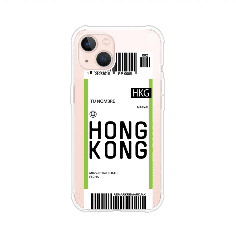 Funda personalizada estilo pase de abordar con diseño de Hong Kong y código HKG, personalizable con nombre y datos de vuelo; producto de Remark MX para iPhone