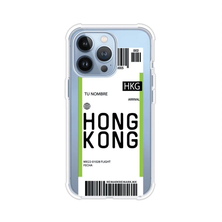 Funda personalizada estilo pase de abordar con diseño de Hong Kong y código HKG, personalizable con nombre y datos de vuelo; producto de Remark MX para iPhone