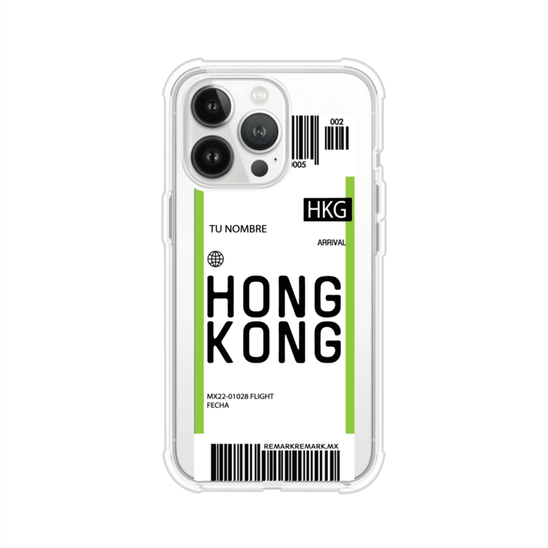 Funda personalizada estilo pase de abordar con diseño de Hong Kong y código HKG, personalizable con nombre y datos de vuelo; producto de Remark MX para iPhone