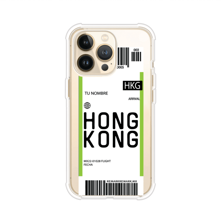 Funda personalizada estilo pase de abordar con diseño de Hong Kong y código HKG, personalizable con nombre y datos de vuelo; producto de Remark MX para iPhone