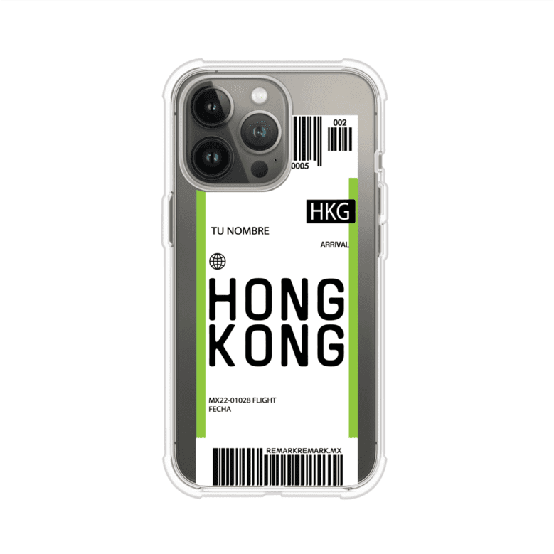 Funda personalizada estilo pase de abordar con diseño de Hong Kong y código HKG, personalizable con nombre y datos de vuelo; producto de Remark MX para iPhone