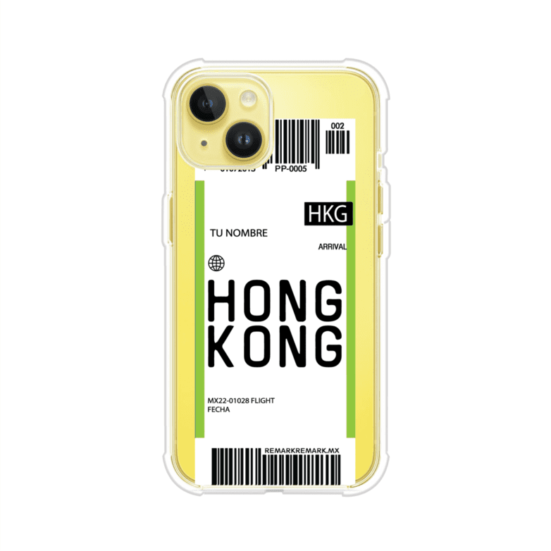 Funda personalizada estilo pase de abordar con diseño de Hong Kong y código HKG, personalizable con nombre y datos de vuelo; producto de Remark MX para iPhone