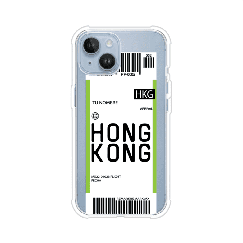 Funda personalizada estilo pase de abordar con diseño de Hong Kong y código HKG, personalizable con nombre y datos de vuelo; producto de Remark MX para iPhone