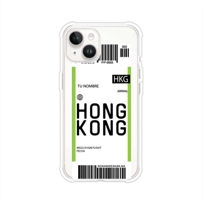 Funda personalizada estilo pase de abordar con diseño de Hong Kong y código HKG, personalizable con nombre y datos de vuelo; producto de Remark MX para iPhone