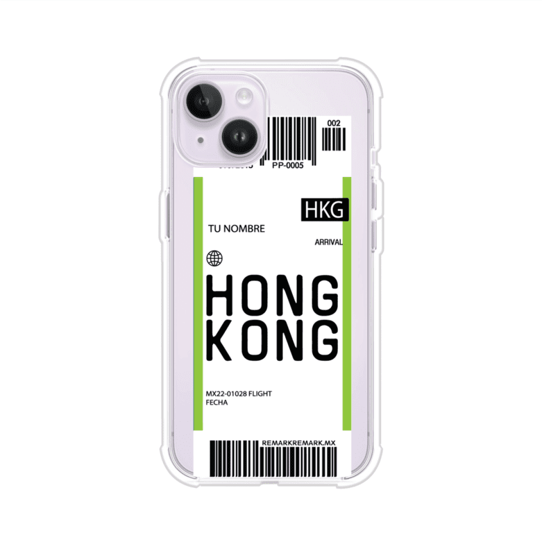 Funda personalizada estilo pase de abordar con diseño de Hong Kong y código HKG, personalizable con nombre y datos de vuelo; producto de Remark MX para iPhone