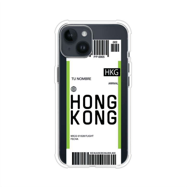 Funda personalizada estilo pase de abordar con diseño de Hong Kong y código HKG, personalizable con nombre y datos de vuelo; producto de Remark MX para iPhone