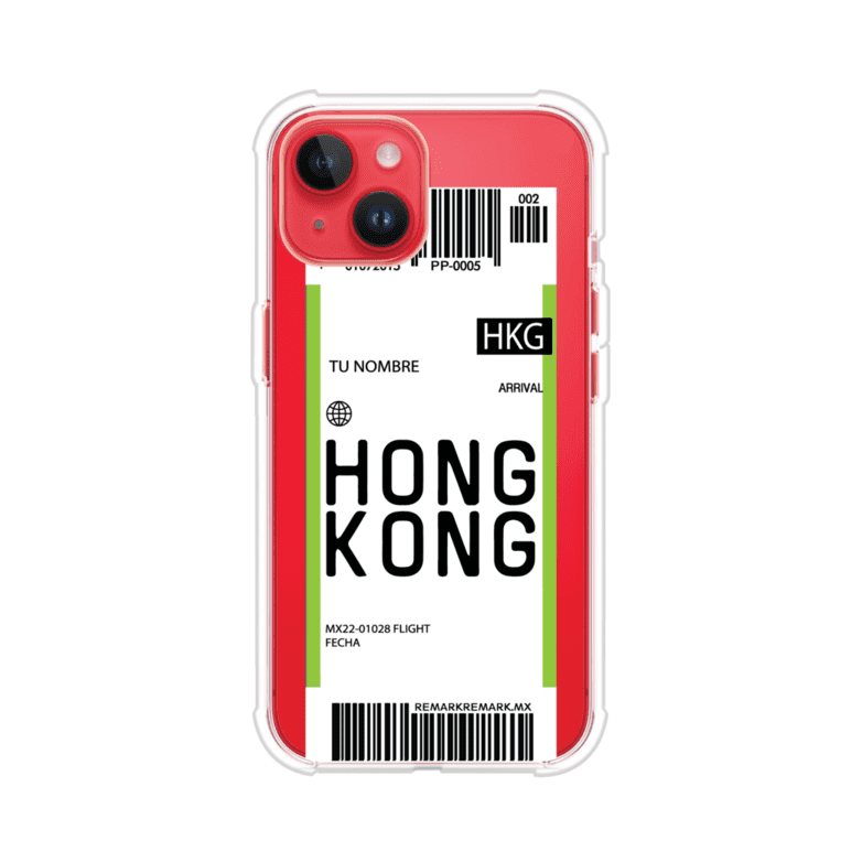 Funda personalizada estilo pase de abordar con diseño de Hong Kong y código HKG, personalizable con nombre y datos de vuelo; producto de Remark MX para iPhone