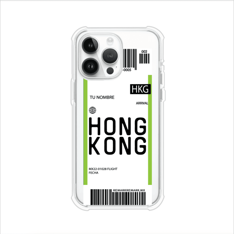 Funda personalizada estilo pase de abordar con diseño de Hong Kong y código HKG, personalizable con nombre y datos de vuelo; producto de Remark MX para iPhone
