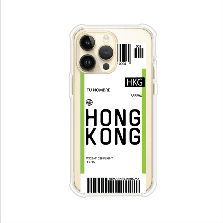 Funda personalizada estilo pase de abordar con diseño de Hong Kong y código HKG, personalizable con nombre y datos de vuelo; producto de Remark MX para iPhone
