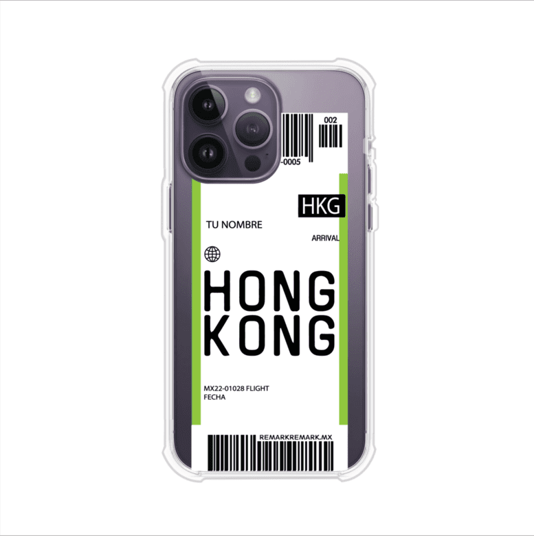 Funda personalizada estilo pase de abordar con diseño de Hong Kong y código HKG, personalizable con nombre y datos de vuelo; producto de Remark MX para iPhone