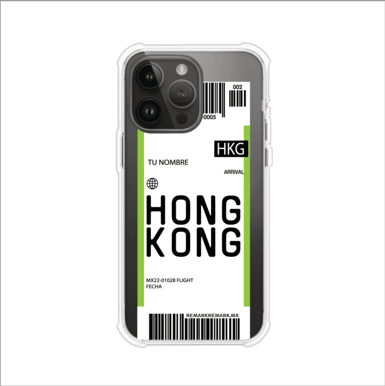 Funda personalizada estilo pase de abordar con diseño de Hong Kong y código HKG, personalizable con nombre y datos de vuelo; producto de Remark MX para iPhone