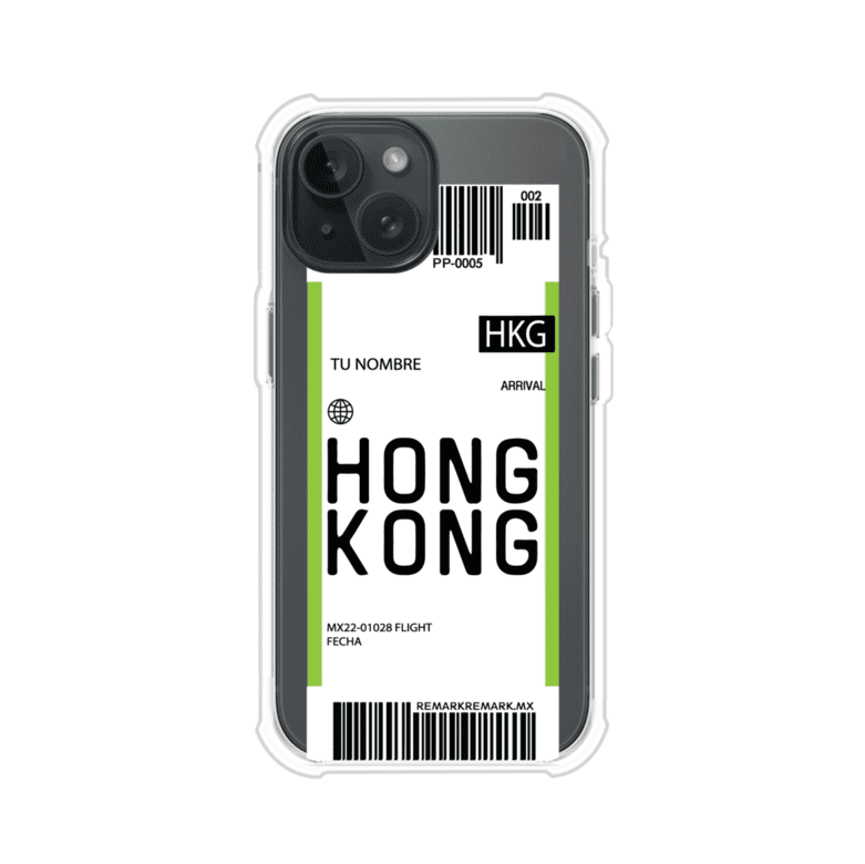 Funda personalizada estilo pase de abordar con diseño de Hong Kong y código HKG, personalizable con nombre y datos de vuelo; producto de Remark MX para iPhone