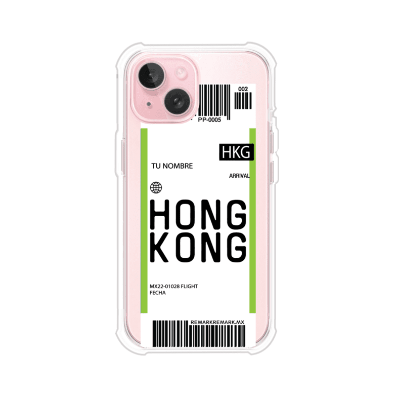 Funda personalizada estilo pase de abordar con diseño de Hong Kong y código HKG, personalizable con nombre y datos de vuelo; producto de Remark MX para iPhone