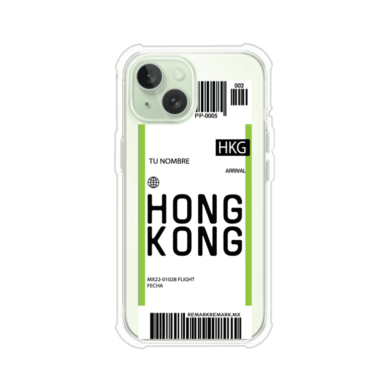 Funda personalizada estilo pase de abordar con diseño de Hong Kong y código HKG, personalizable con nombre y datos de vuelo; producto de Remark MX para iPhone