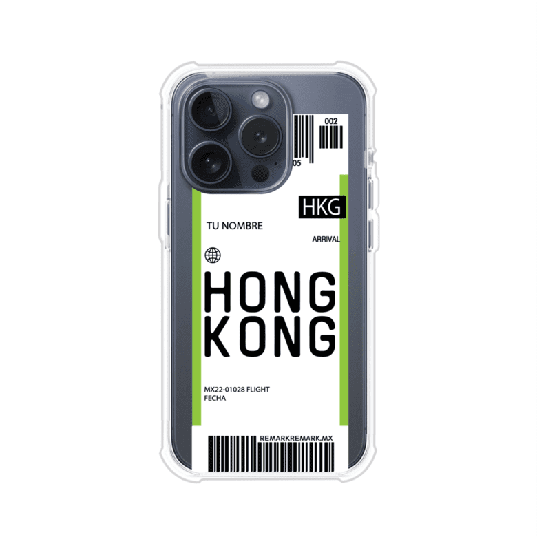 Funda personalizada estilo pase de abordar con diseño de Hong Kong y código HKG, personalizable con nombre y datos de vuelo; producto de Remark MX para iPhone