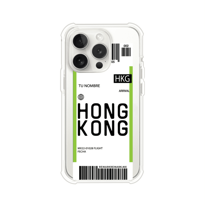 Funda personalizada estilo pase de abordar con diseño de Hong Kong y código HKG, personalizable con nombre y datos de vuelo; producto de Remark MX para iPhone