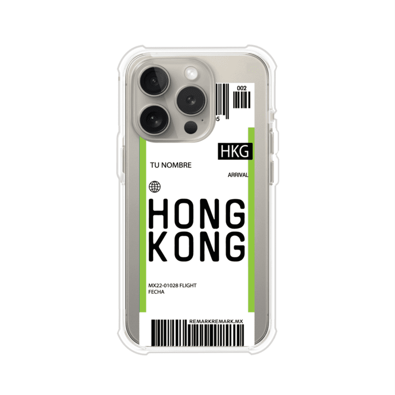 Funda personalizada estilo pase de abordar con diseño de Hong Kong y código HKG, personalizable con nombre y datos de vuelo; producto de Remark MX para iPhone