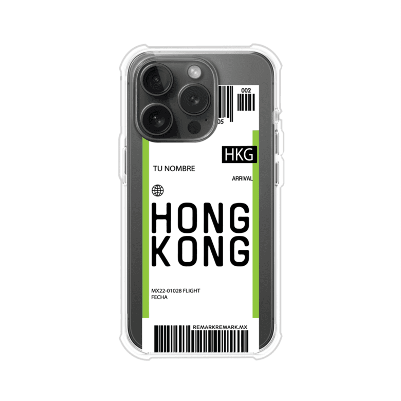 Funda personalizada estilo pase de abordar con diseño de Hong Kong y código HKG, personalizable con nombre y datos de vuelo; producto de Remark MX para iPhone