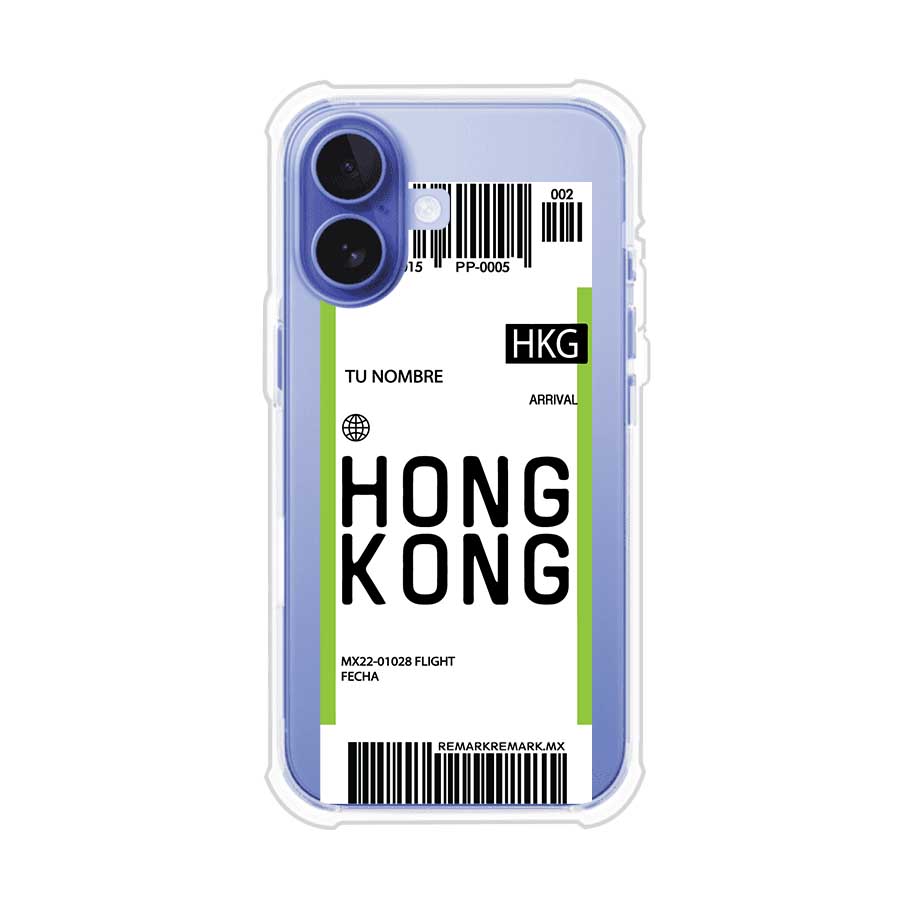 Funda personalizada estilo pase de abordar con diseño de Hong Kong y código HKG, personalizable con nombre y datos de vuelo; producto de Remark MX para iPhone