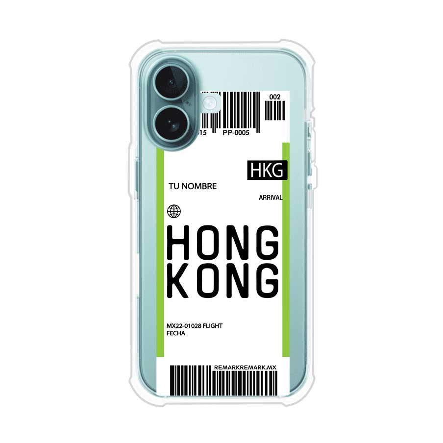 Funda personalizada estilo pase de abordar con diseño de Hong Kong y código HKG, personalizable con nombre y datos de vuelo; producto de Remark MX para iPhone