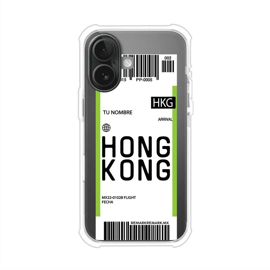 Funda personalizada estilo pase de abordar con diseño de Hong Kong y código HKG, personalizable con nombre y datos de vuelo; producto de Remark MX para iPhone