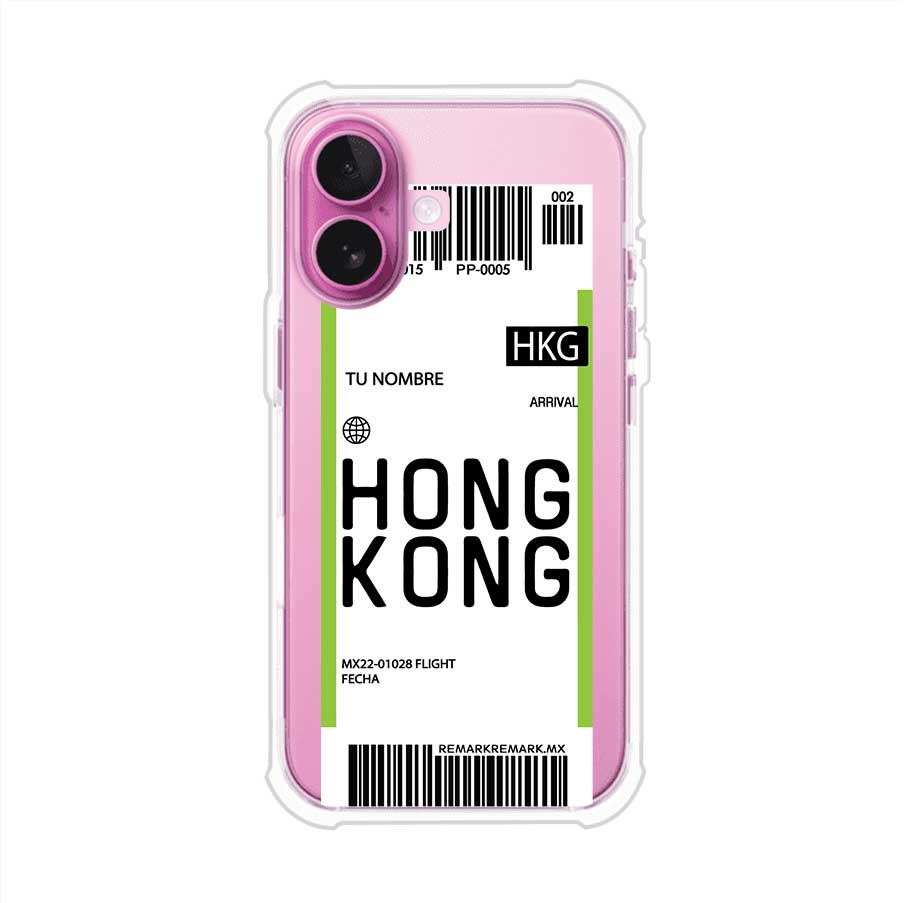Funda personalizada estilo pase de abordar con diseño de Hong Kong y código HKG, personalizable con nombre y datos de vuelo; producto de Remark MX para iPhone
