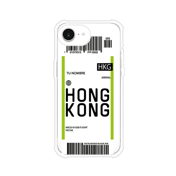 Funda personalizada estilo pase de abordar con diseño de Hong Kong y código HKG, personalizable con nombre y datos de vuelo; producto de Remark MX para iPhone