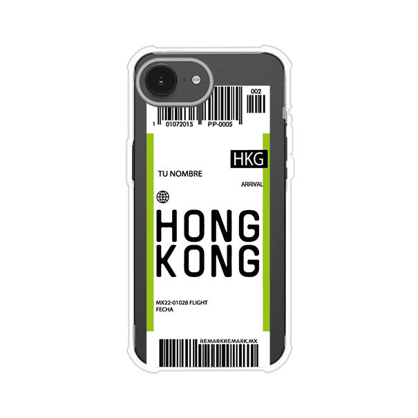 Funda personalizada estilo pase de abordar con diseño de Hong Kong y código HKG, personalizable con nombre y datos de vuelo; producto de Remark MX para iPhone