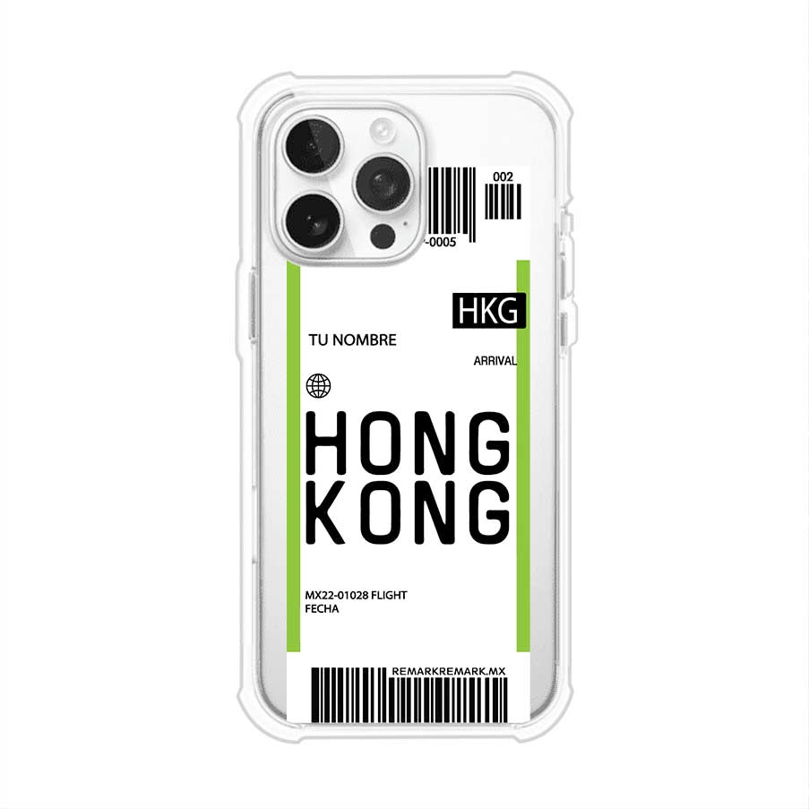 Funda personalizada estilo pase de abordar con diseño de Hong Kong y código HKG, personalizable con nombre y datos de vuelo; producto de Remark MX para iPhone