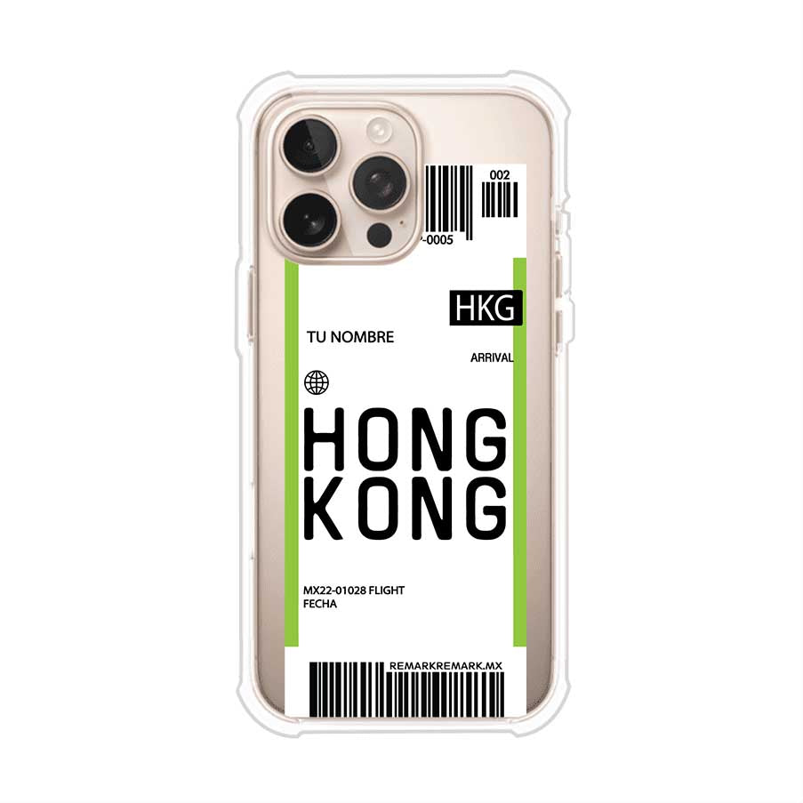 Funda personalizada estilo pase de abordar con diseño de Hong Kong y código HKG, personalizable con nombre y datos de vuelo; producto de Remark MX para iPhone