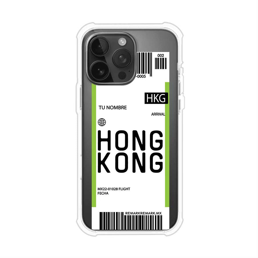 Funda personalizada estilo pase de abordar con diseño de Hong Kong y código HKG, personalizable con nombre y datos de vuelo; producto de Remark MX para iPhone