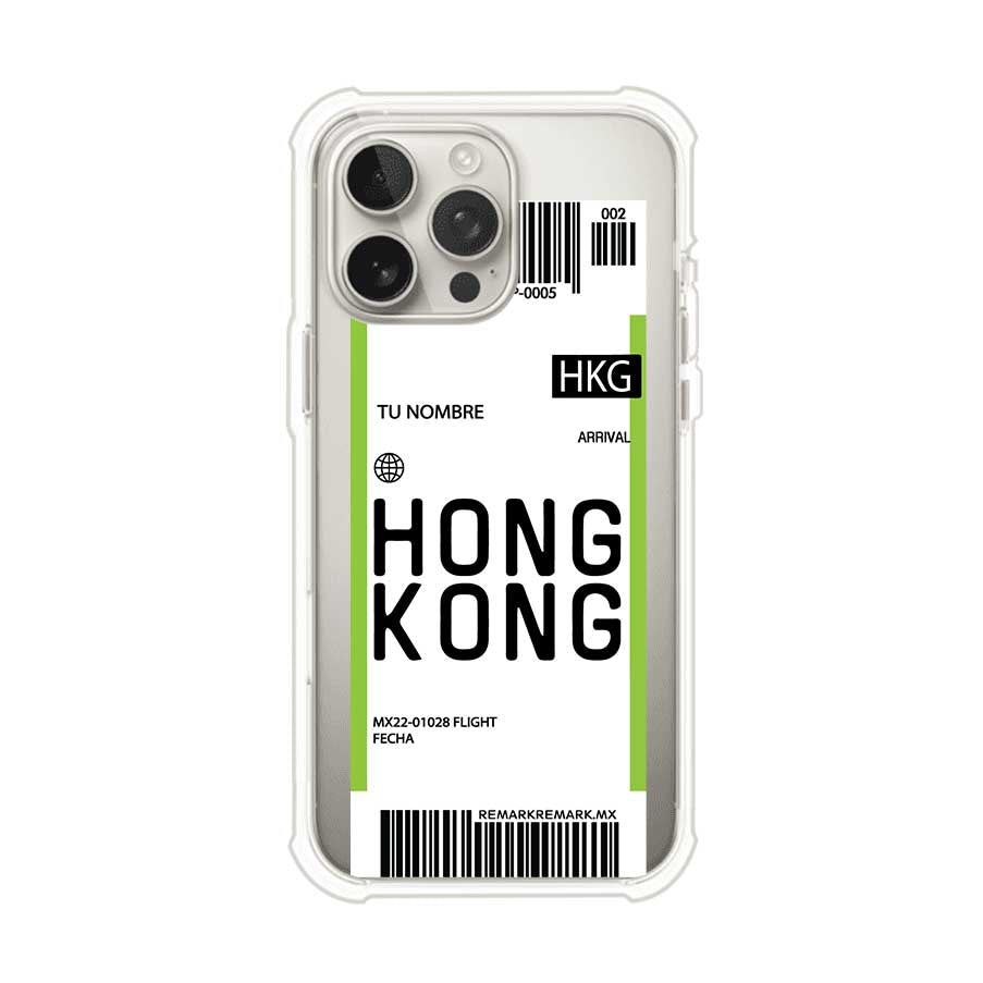 Funda personalizada estilo pase de abordar con diseño de Hong Kong y código HKG, personalizable con nombre y datos de vuelo; producto de Remark MX para iPhone