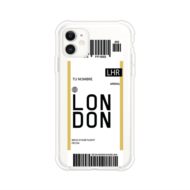 Funda personalizada estilo pase de abordar con diseño de Londres y código LHR, personalizable con nombre y datos de vuelo; producto de Remark MX para iPhone