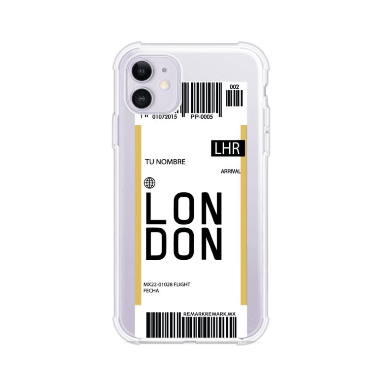 Funda personalizada estilo pase de abordar con diseño de Londres y código LHR, personalizable con nombre y datos de vuelo; producto de Remark MX para iPhone