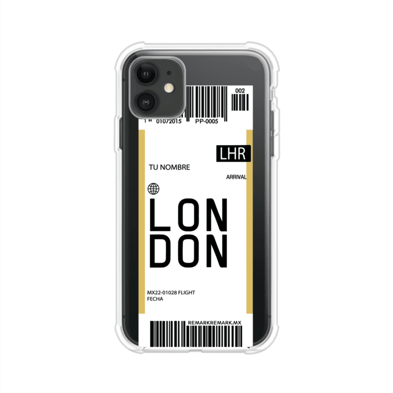 Funda personalizada estilo pase de abordar con diseño de Londres y código LHR, personalizable con nombre y datos de vuelo; producto de Remark MX para iPhone